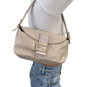FENDI Vintage FF Logo Zucchino Mamma Baguette Glitter Shoulder Bag Pink [106296]